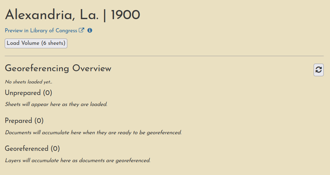 The volume summary presents an overview of the georeferencing progress across an entire volume.