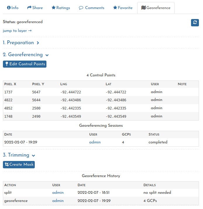 When georeferencing has completed, a list of all control points is shown.