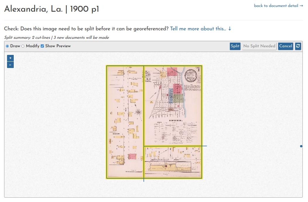 With two cutlines drawn, yellow boundaries show the three new documents that will be made.
