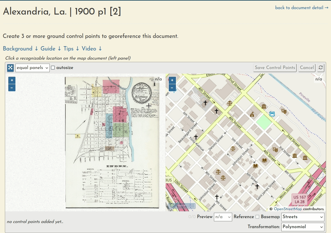 The georeferencing interface, with 3 control points added and the preview visible.