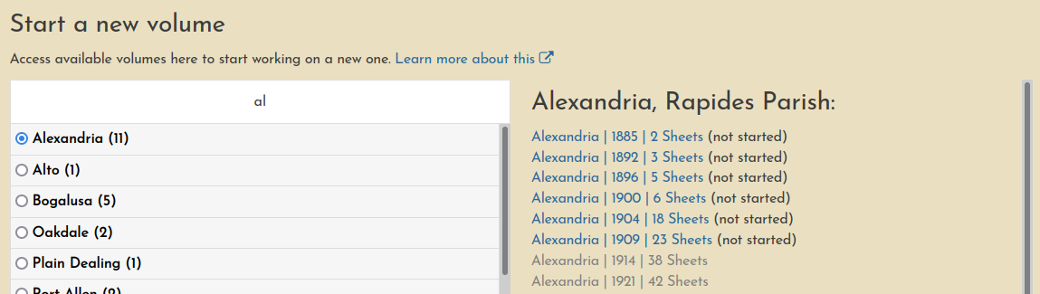 Choosing Alexandria on the left reveals a list of all available volumes. Out of 11 total volumes, 6 are available to be loaded.
