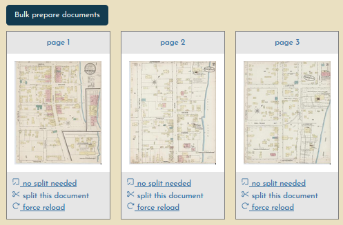 Three documents to be prepared, showing the buttons for marking "no split" and "split" actions